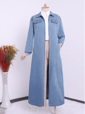 Omuzu İncili Ribanalı Fermuarlı Uzun Kot Kap  -Açık Mavi