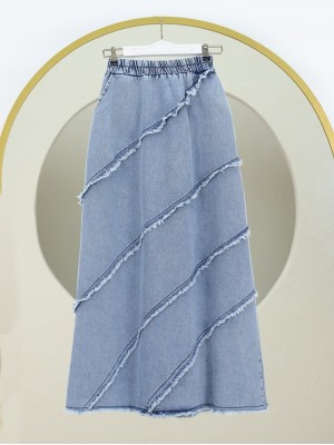 Püskül Detaylı Beli Lastikli Kot Etek -Buz Mavi