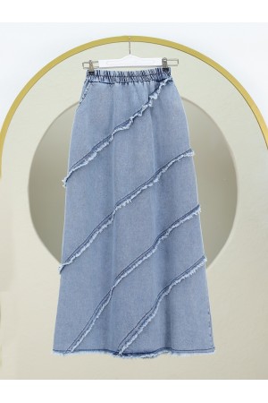 Püskül Detaylı Beli Lastikli Kot Etek -Buz Mavi