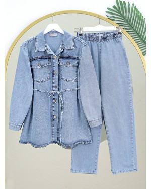 Serpme Taşlı Düğmeli Ceket Pantolon Kot Takım  -Buz Mavi