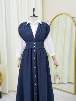 Buttoned V Neck Zero Sleeve Denim Vest -Navy blue