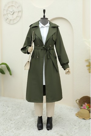 Bolero Detailed Trench Coat with Pocket Pouches -Khaki