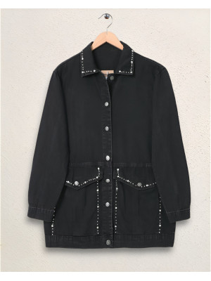 Yaka Ve Ceplerinde Taş İşlemel Kot Ceket -Siyah