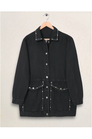 Denim Jacket with Stone Embroidery on Collar and Pockets -Black