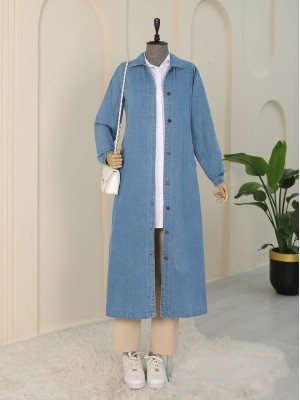 Kolu Lastikli Boydan Düğmeli Kot Kap  -Mavi