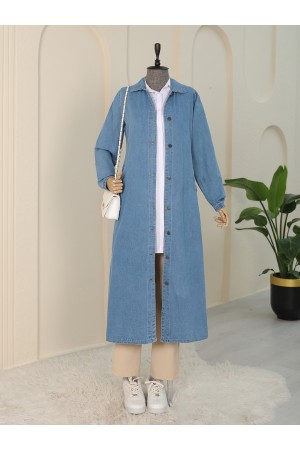 Kolu Lastikli Boydan Düğmeli Kot Kap  -Mavi