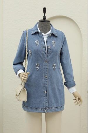 Cluster Stone Detailed Buttoned Denim Jacket -Ice Blue
