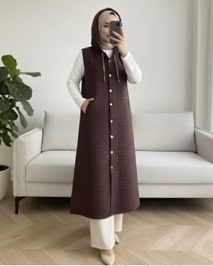 Quilted  Long Vest with Button-Down Hood and Pockets -Dark Coffee