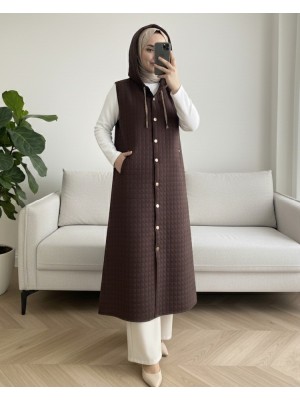Quilted  Long Vest with Button-Down Hood and Pockets -Dark Coffee