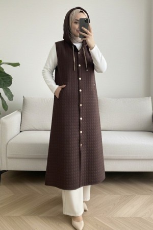 Boydan Düğmeli Kapşonlu Cepli Kapitone Uzun Yelek  -K. Kahve