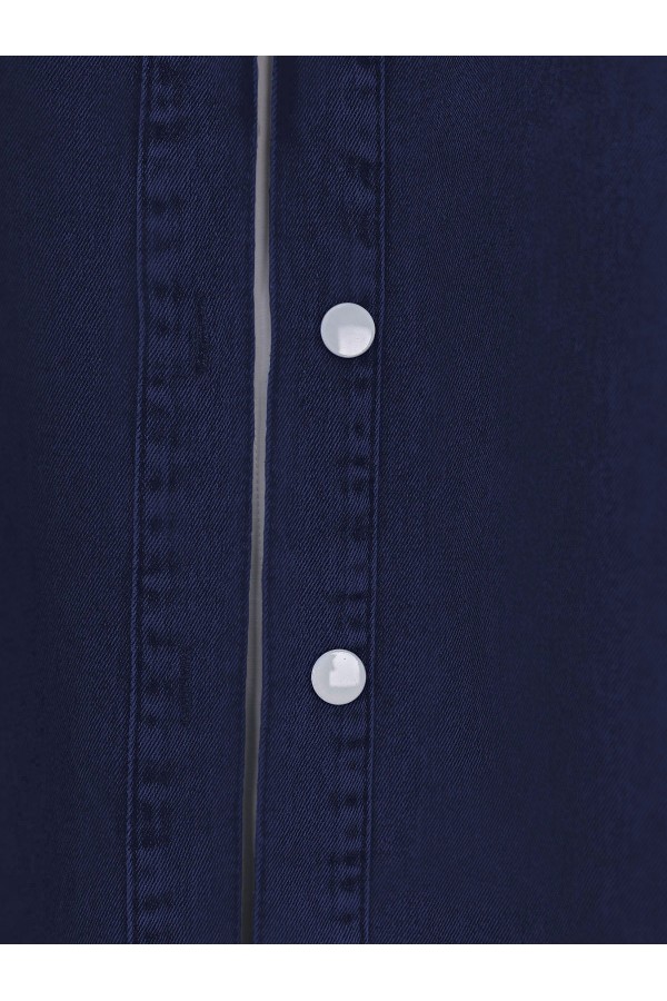 Oval Cut Denim Jacket with Hooded Buttons   -Navy blue