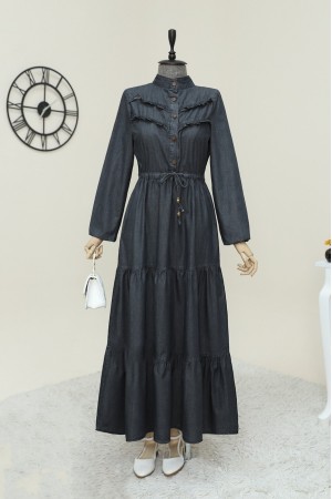 Half Buttoned Front Frilly Pieced Jeans Dress   -Anthracite