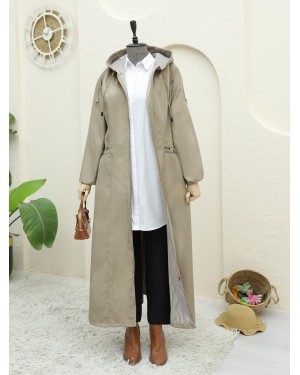 Long Trench Coat with Snap Pocket and Full Zipper -Stone