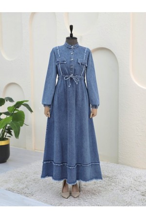 Denim Dress with Tasseled Tunnel Lace Skirt -Ice Blue