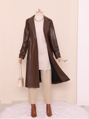Kemerli Cepli Tesettür Deri Trenckot -Kahve