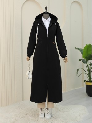 Yan Cepli Kolu Lastikli Kapşonlu Kot Kap  -Siyah