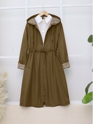 Beli Lastikli Kolu Katlamalı Kapşonlu Trenckot  -Taba