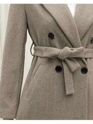 Tek Düğmeli Cepli Kemerli Astarlı Kaşe Kaban -Taş