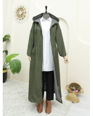 Long Trench Coat with Snap Pocket and Full Zipper -Khaki