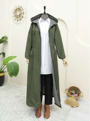 Cebi Çıtçıtlı Boydan Fermuarlı Uzun Trençkot -Haki