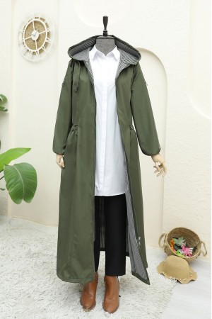 Cebi Çıtçıtlı Boydan Fermuarlı Uzun Trençkot -Haki