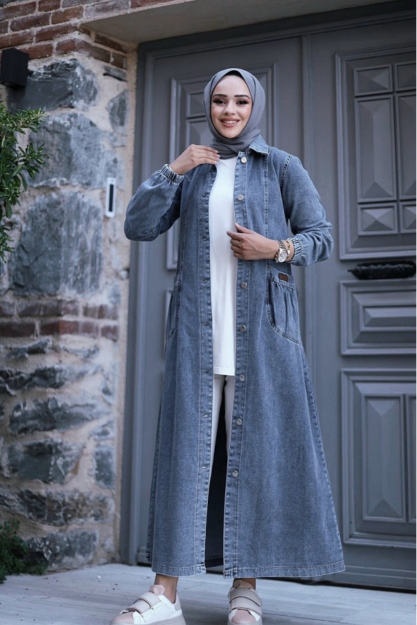 Metal Button Long Denim Coat with Pocket Pouch -Ice Blue
