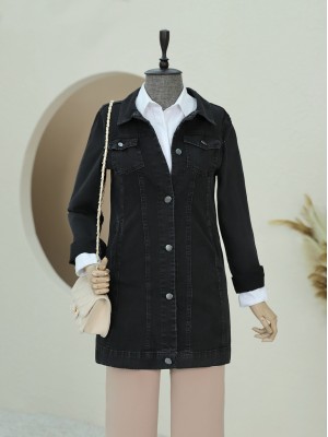  Cep Detaylı Random yıkama Kot ceket -Siyah