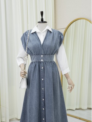 Buttoned V Neck Zero Sleeve Denim Vest -Ice Blue