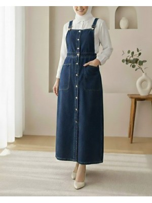 Boydan Düğmeli Çift Cepli Kot Salopet  -Laci