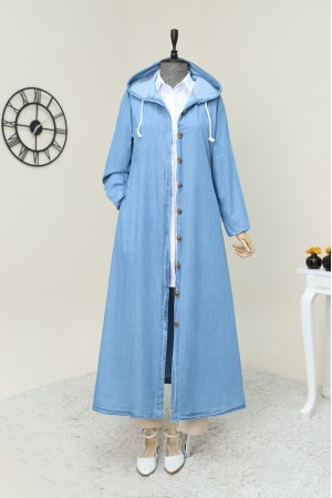 Boydan Düğmeli Kapşonlu Uzun Kot Kap -Açık Mavi