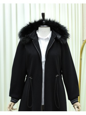 Kapşonlu Beli Lastikli Cepli Kaşe Kaban -Siyah