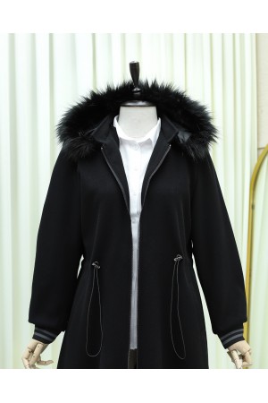 Kapşonlu Beli Lastikli Cepli Kaşe Kaban -Siyah