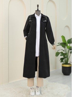 Omuzu İncili Ribanalı Fermuarlı Uzun Kot Kap -Siyah