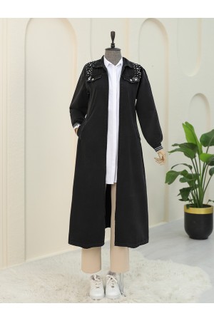 Omuzu İncili Ribanalı Fermuarlı Uzun Kot Kap -Siyah