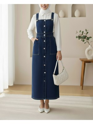 Boydan Düğmeli Çift Cepli Kot Salopet   -Laci