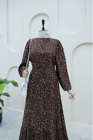 Kırçıllı Belden Büzgülü Elbise  -Kahve