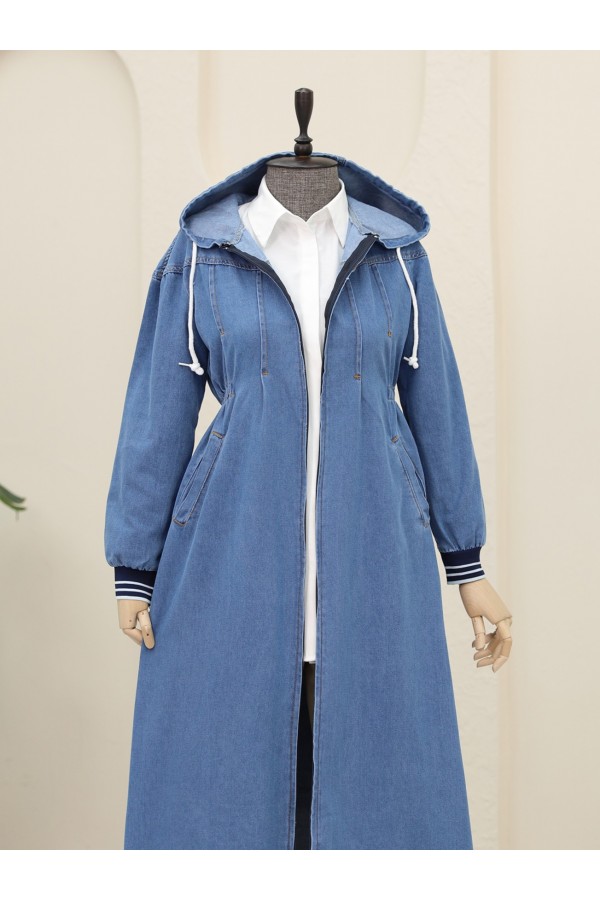 Pleated Front, Elastic Side, Hooded Denim Coat -Dark blue
