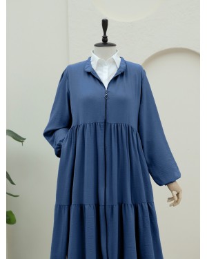Ayrobin Abaya with Elasticated Sleeves and Zipper from the Neck -İndigo
