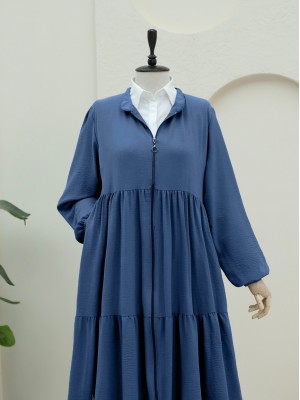 Ayrobin Abaya with Elasticated Sleeves and Zipper from the Neck -İndigo