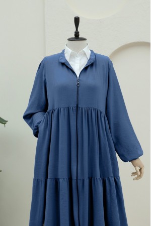 Boydan Fermuarlı Kolu Lastikli Parçalı Ayrobin Ferace -İndigo