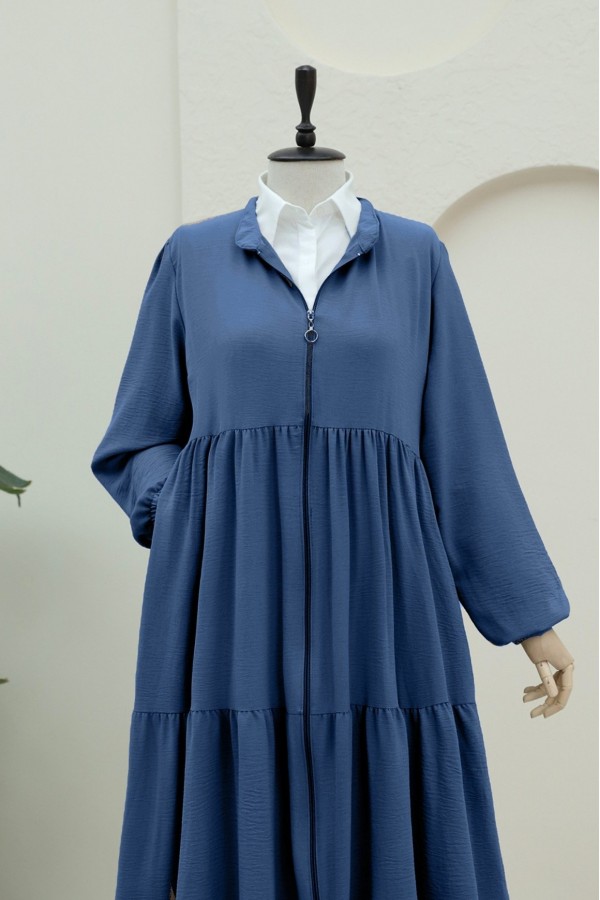 Ayrobin Abaya with Elasticated Sleeves and Zipper from the Neck -İndigo