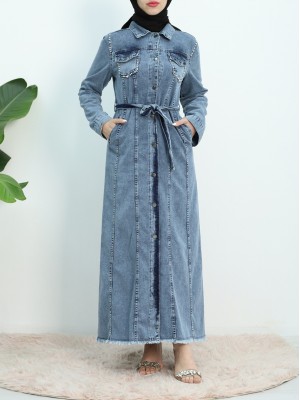 Taş İşlemeli Belden Bağlamalı Cepli Kot Elbise -Mavi