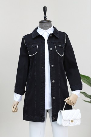 Cebi ve Omuzları İncili Random yıkama Kot ceket -Siyah