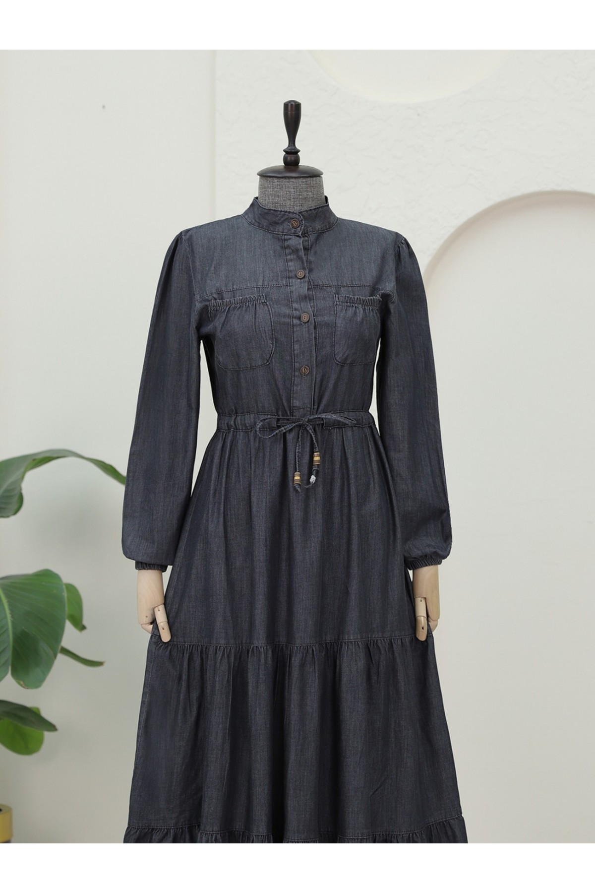 Denim Dress with Elastic Pockets and Tiered Skirt  -Black