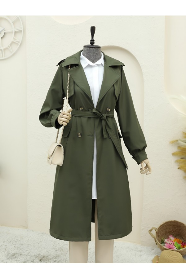 Bolero Detailed Trench Coat with Pocket Pouches -Khaki