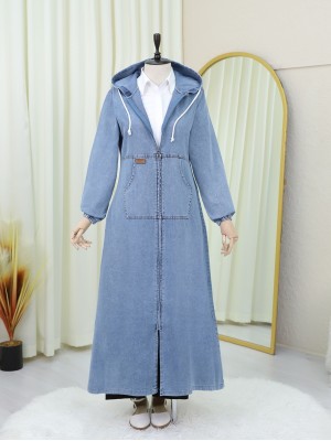 Kapşonlu Fermuarlı Kolu Lastikli Kot Kap -Buz Mavi