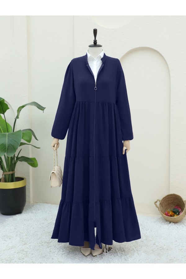 Ayrobin Abaya with Elasticated Sleeves and Zipper from the Neck -Navy blue