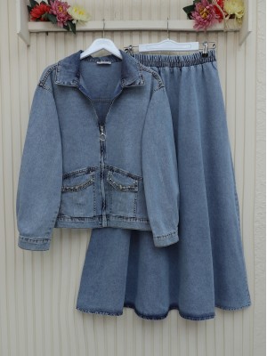 Boydan Fermuarlı Cebi Taş Detaylı Kot Takım  -Buz Mavi