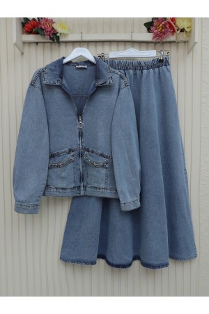 Boydan Fermuarlı Cebi Taş Detaylı Kot Takım  -Buz Mavi