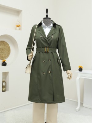 Düğmeli Kemerli Ara Boy Trençkot -Haki